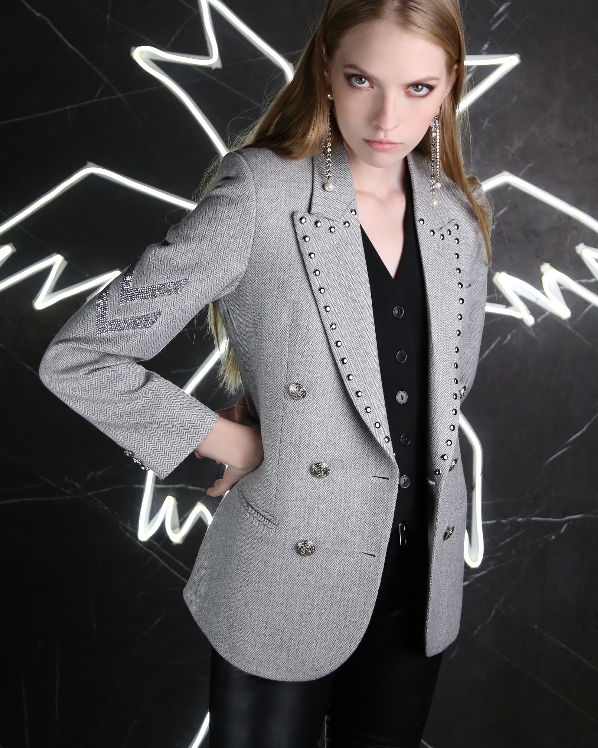 Silver Wool Herringbone Blazer